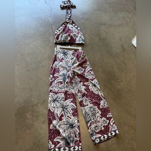 Tropical Wide-Leg Jumpsuit Pants Set - Pink & White